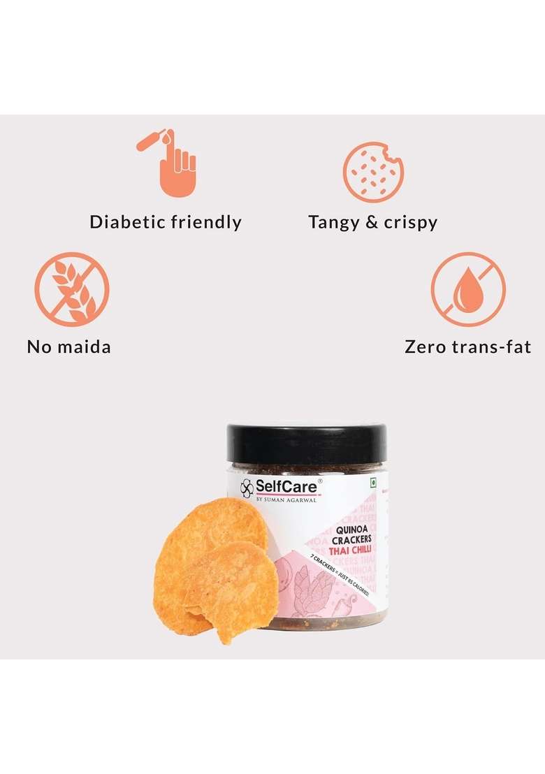 SelfCare By Suman Agarwal Quinoa Crackers - Thai Chilli Pack of 1 100g | Healthy & Non Fried Savoury Snacks Namkeen Grocery Spicy Crunchy Chatpata Tea time Snacking Travel Friendly - Indya