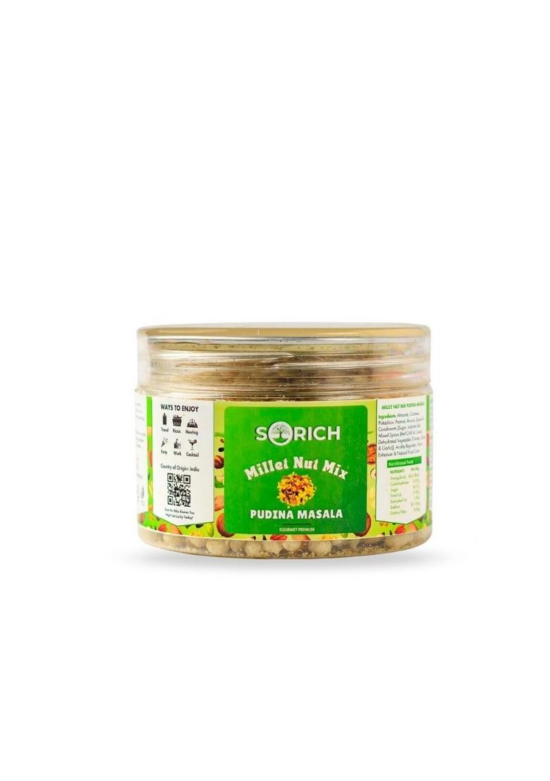 Sorich Organics Millet Nut Mix | Healthy Snack Roasted with Nuts & Seeds Protein Rich, High Fiber Superfood Gluten Free, Vegan, No Added Sugar, palm oil, Blend Cholesteral Free Namkeen For Kids Adults, Office Travel Instant (100gm, Pudina masala)