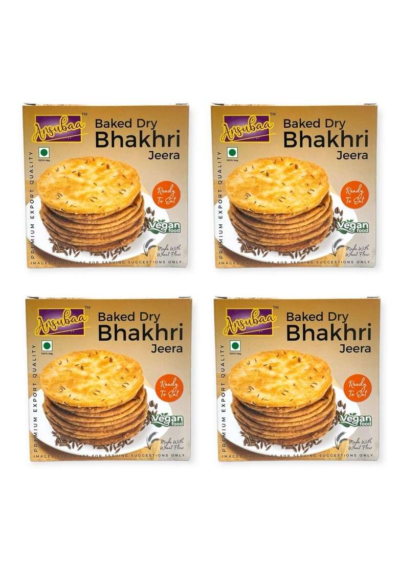 Ansubaa Baked Dry Bhakhri | Ready to Eat Vacuum Packed 6 Months Shelf Life Pure Vegetarian Food Healthy Snack Vegan (Pack of 4, Jeera) - Indya