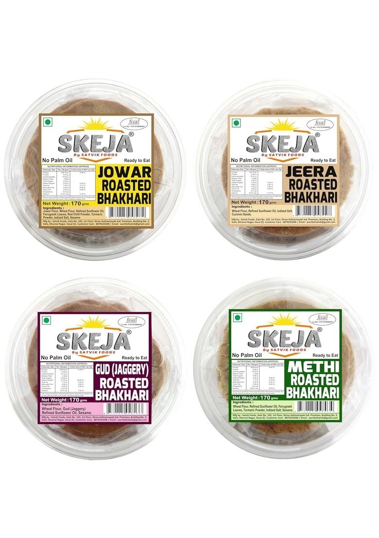 SKEJA By Satvik Foods Methi Jowar Jeera Gud Roasted Bhakhari| No Palm oil |Made With Sunflower Bhakri Snacks | Bhakhri 170 Gram (Pack of 4) (Combo 1)