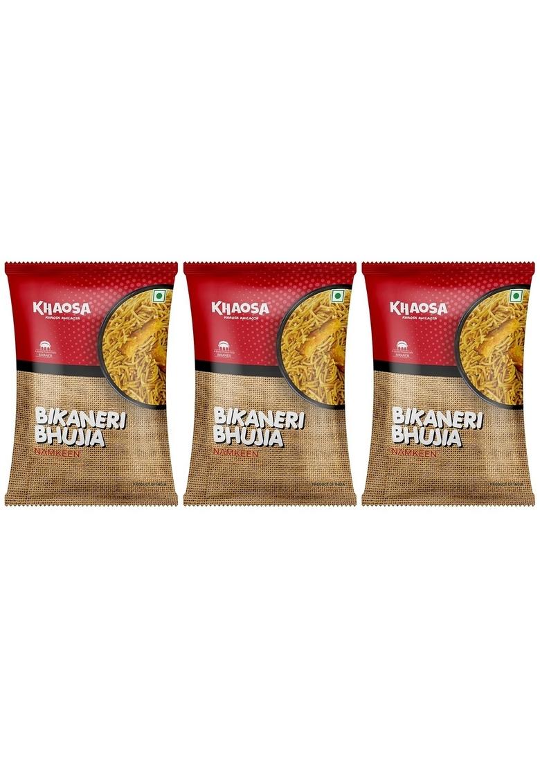 KHAOSA Bikaneri Bhujia | 600g Authentic Rajasthani Namkeen Spicy Moth Flour Snack Crunchy and Flavorful Gluten-Free, Vegan 200g Each