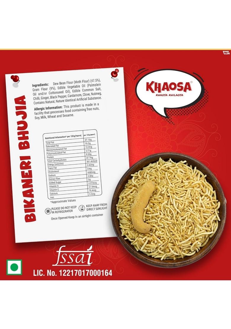 KHAOSA Bikaneri Bhujia | 600g Authentic Rajasthani Namkeen Spicy Moth Flour Snack Crunchy and Flavorful Gluten-Free, Vegan 200g Each