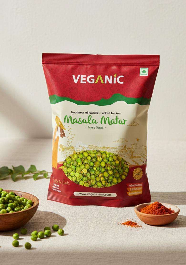 Veganic Organic Roasted Green Peas (Crunchy)|Salted & Masala (Namkeen Matar)|Dried Matar Snacks (250 Gram) - Indya