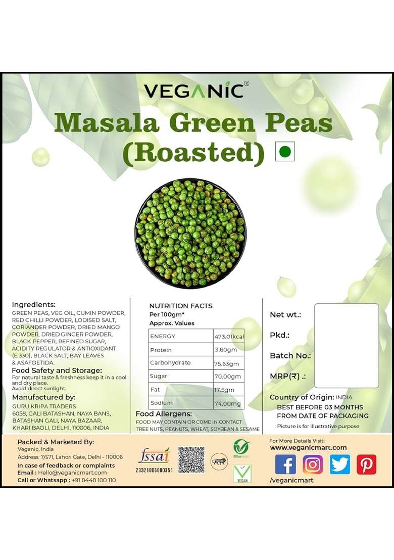 Veganic Organic Roasted Green Peas (Crunchy)|Salted & Masala (Namkeen Matar)|Dried Matar Snacks (250 Gram) - Indya