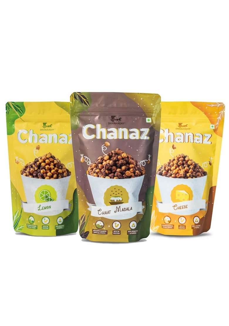 DHANANJAY Roasted Flavoured Mahabaleshwar Chana (Chickpeas) | Gluten Free Rich in Protein 100% and Puffed Pack of 3 (Lemon, Chat Masala & Cheese) - 160gm + 20gm extra - Indya