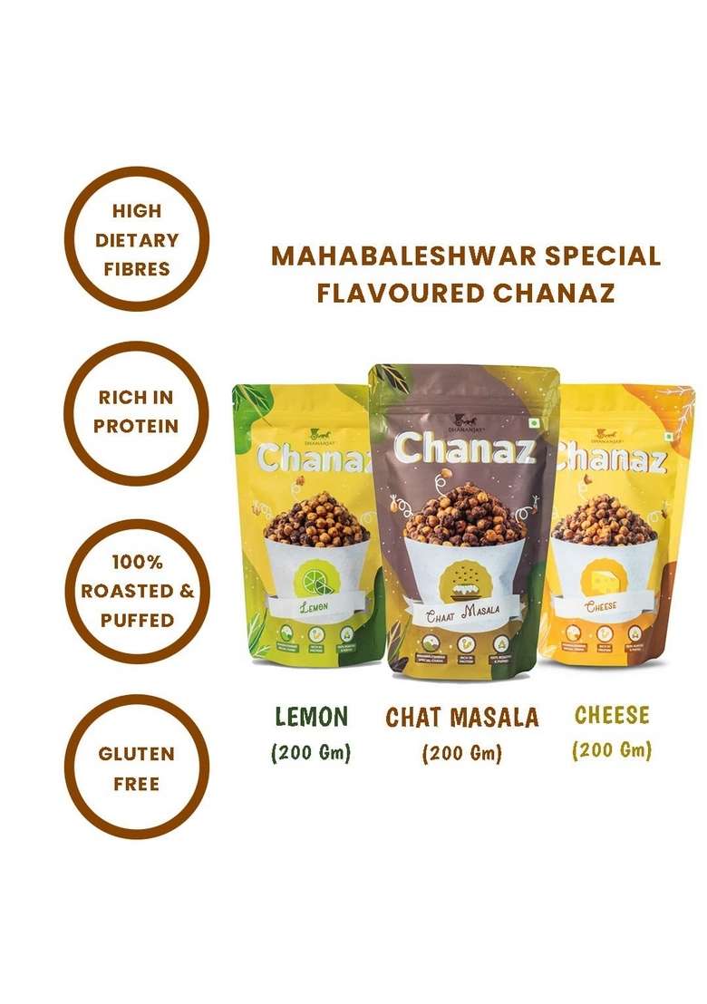 DHANANJAY Roasted Flavoured Mahabaleshwar Chana (Chickpeas) | Gluten Free Rich in Protein 100% and Puffed Pack of 3 (Lemon, Chat Masala & Cheese) - 160gm + 20gm extra - Indya