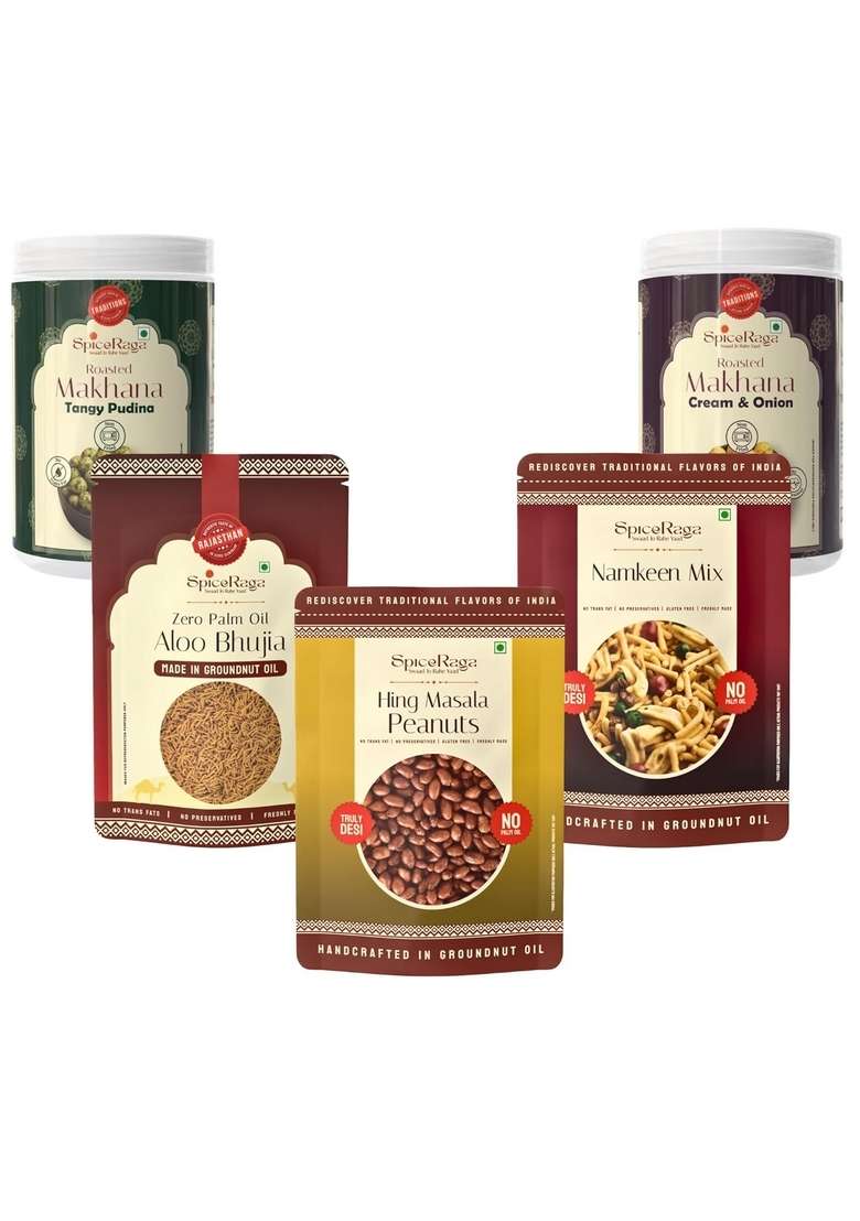 SPICERAGA Travel Munch Combo | Tangy Pudina Makhana, Cream & Onion Aloo Bhujia, Roasted Peanuts and Namkeen Mix No Palm Oil Pure Groundnut Light, Crunchy Travel-Friendly Snacks - Indya
