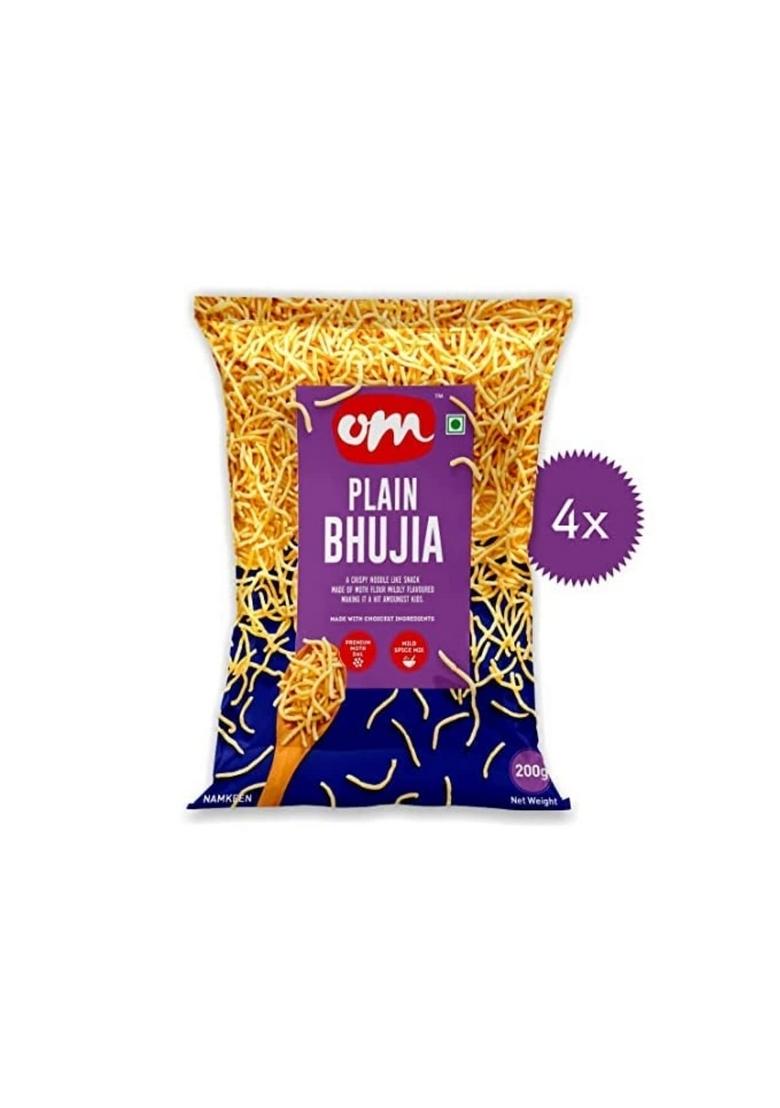OM SWEETS & SNACKS namkeen healthy Indian Crispy Fresh Snack | No added colours or preservatives Products Ready to eat Finest Tea time 200g X 4 (Plain Bhujia)