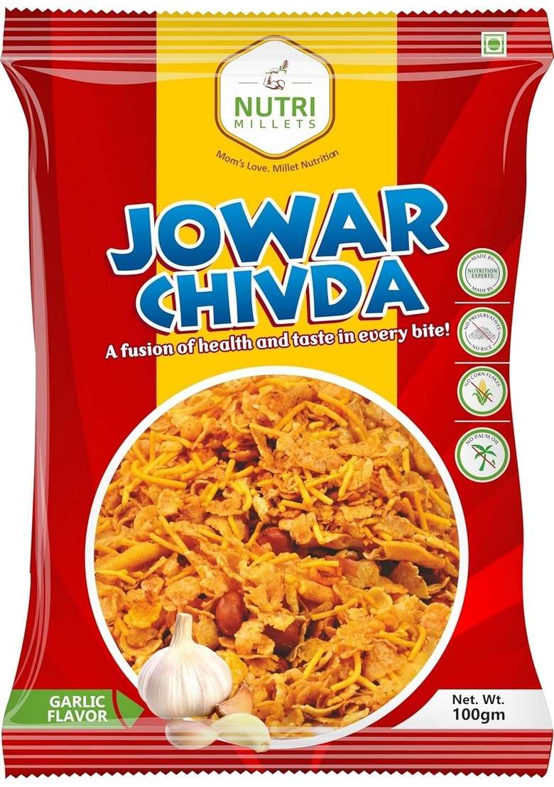NUTRI MILLETS NutriMillets Jowar Chivda, Garlic Flavour Namkeen Mixture, No Corn or Rice Flakes,Pack of 3 (100gx3) - Indya