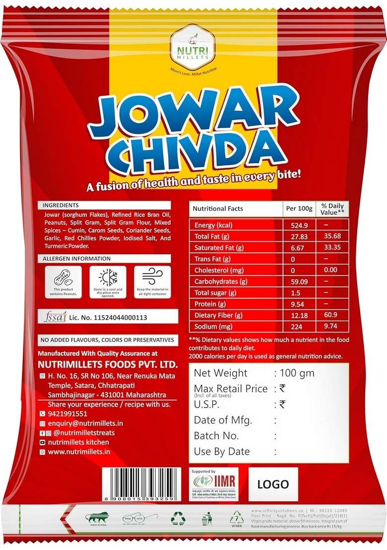 NUTRI MILLETS NutriMillets Jowar Chivda, Garlic Flavour Namkeen Mixture, No Corn or Rice Flakes,Pack of 3 (100gx3) - Indya