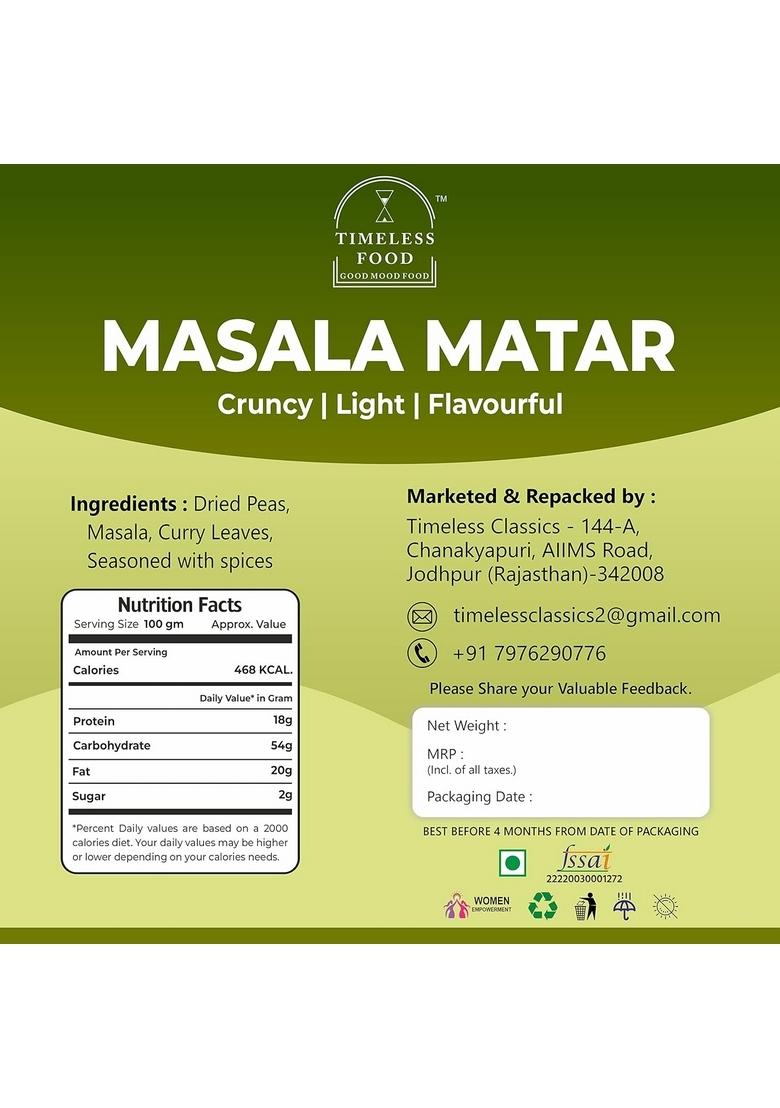 Timeless Food Masala Matar | Premium Roasted Spicy Green Peas Namkeen Snacks Crunchy & Flavorful Treat