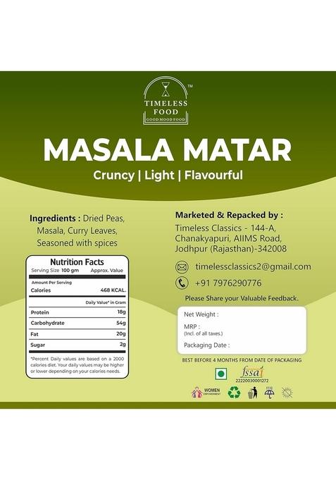Timeless Food Masala Matar | Premium Roasted Spicy Green Peas Namkeen Snacks Crunchy & Flavorful Treat