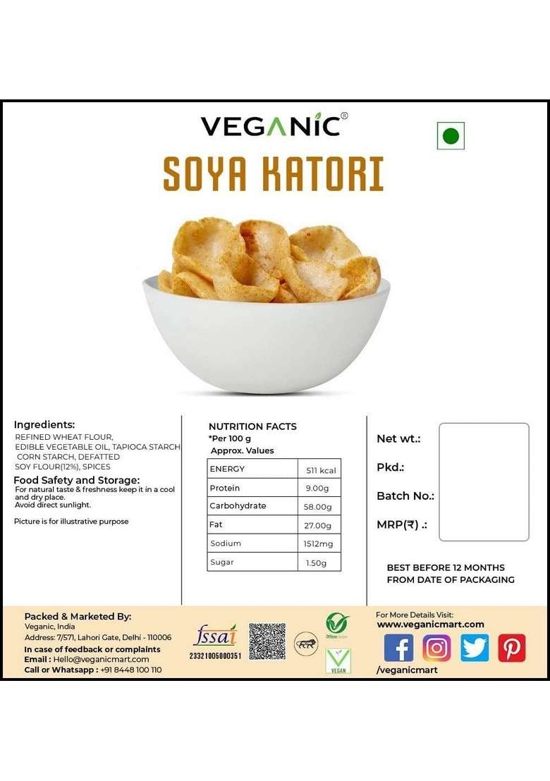 Veganic Soya Katori | Cup Tasty & Healthy Masala Soyabean Snacks Fiber Gluten Free Snack Roasted Oil (400 G) - Indya