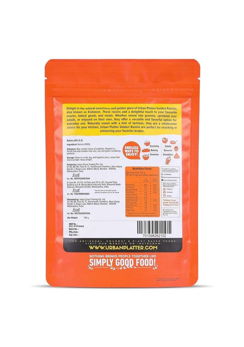 urban platter Indian Golden Raisins, 250g (Sweet & Chewy | Sun-Dried Naturally Perfect for Desserts Festive Cooking) - Indya