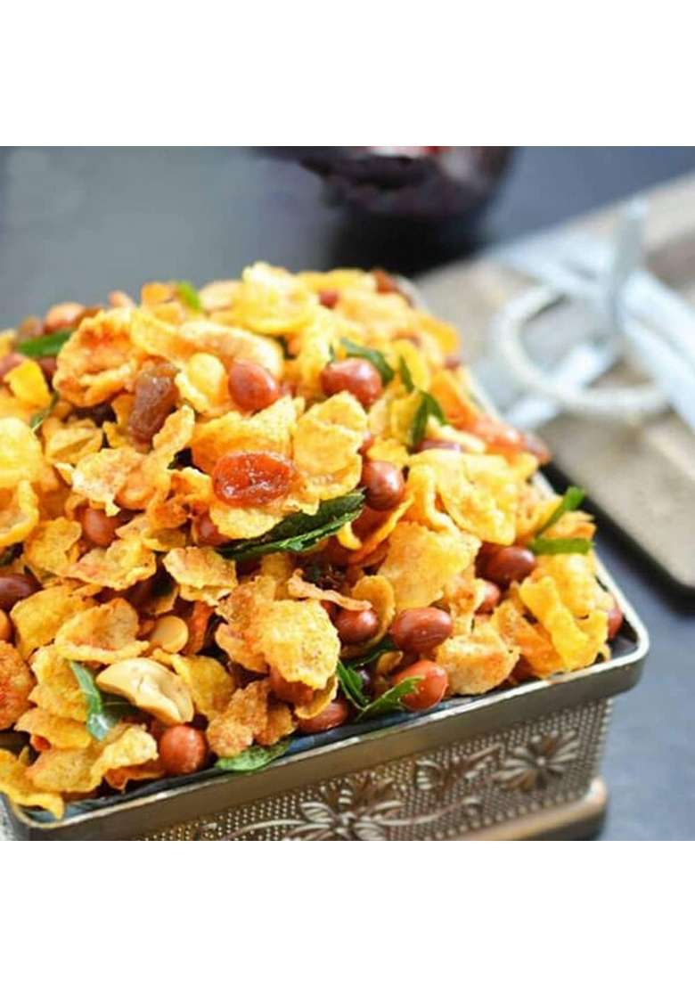 HALLI MANE Corn Flakes Mixture Oil-Free Roasted Namkeen Snack (Corn Flakes, Peanuts, Cashew, Raisins) Healthy for All 200g Pack - Indya