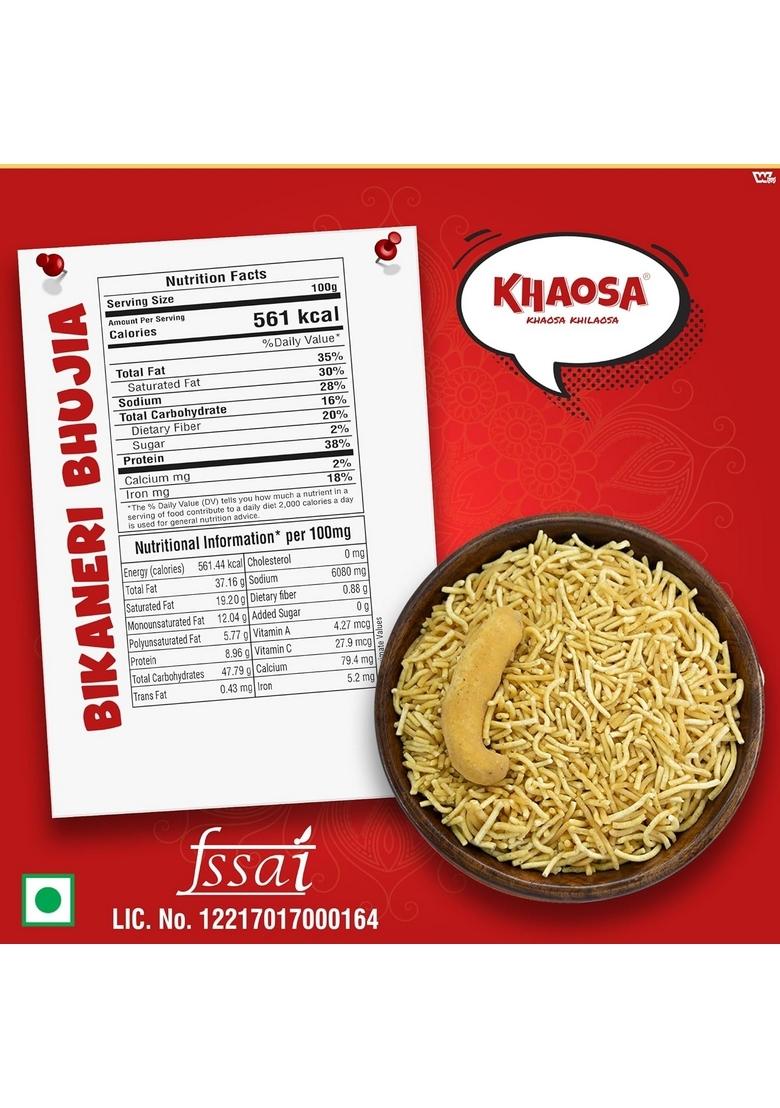 KHAOSA Bikaneri Bhujia | 800g Authentic Rajasthani Namkeen Spicy Moth Flour Snack Crunchy and Flavorful Gluten-Free, Vegan 400g Each