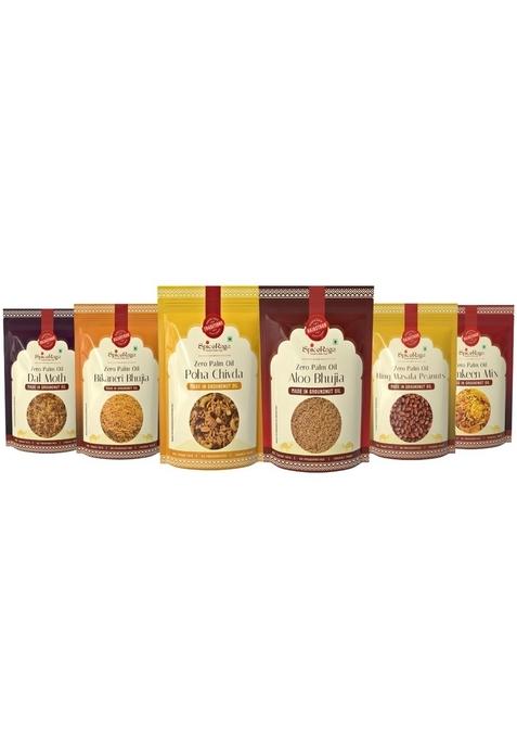 SPICERAGA Chai Time Combo | Poha Chivda, Bikaneri Bhujia, Dal Moth, Hing Masala Peanuts, Namkeen Mix & Aloo Bhujia No Palm Oil Pure Groundnut Tea-Time Crunch Light Flavourful Snacks