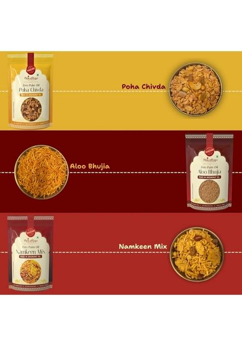 SPICERAGA Chai Time Combo | Poha Chivda, Bikaneri Bhujia, Dal Moth, Hing Masala Peanuts, Namkeen Mix & Aloo Bhujia No Palm Oil Pure Groundnut Tea-Time Crunch Light Flavourful Snacks