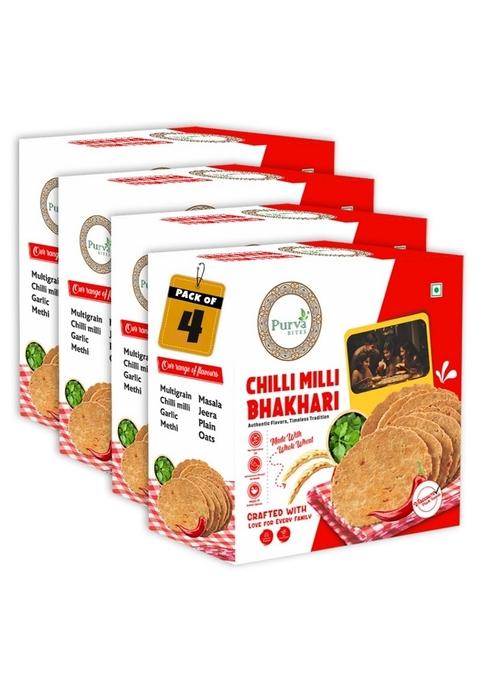 Purva BITES Baked Chilli Milli Flavoured Bhakri 200g | Crunchy Diet Snack with Authentic flavour |Multigrain &Masala Mix Healthy Snacks Pack of 4