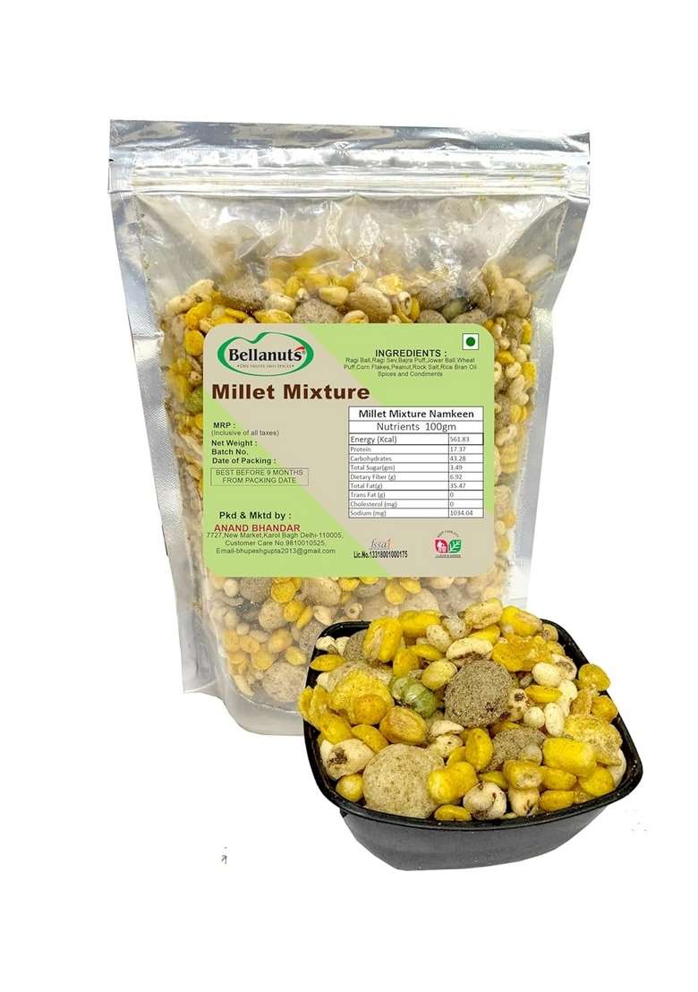 BELLANUTS Millet Mixture 250g I Healthy Namkeen - Ragi Ball,Ragi Sev,Bajra Puff,Jowar Ball,Wheat Puff,Corn Flakes,Peanut - Indya