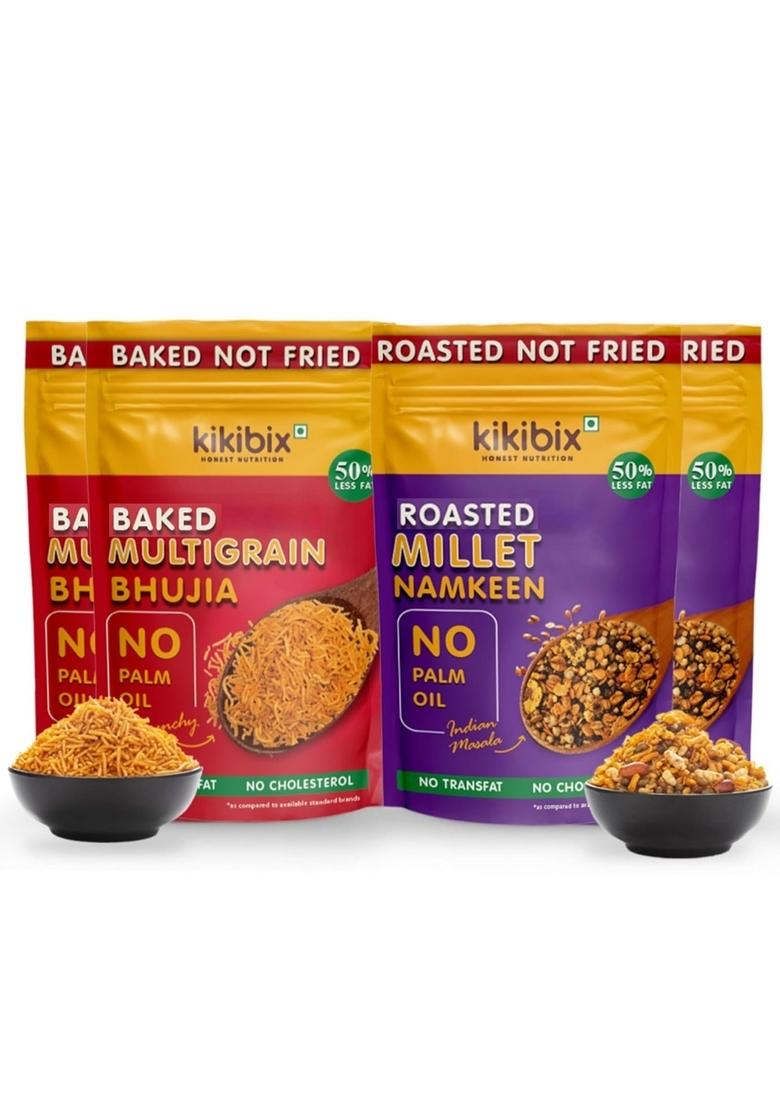 KIKIBIX Assorted Millet Bhujiya Namkeen Combo, Low Calorie, Chatpata Masala, Healthy Fat, Non Fried Diet Snacks, Diabetic Friendly, Gluten Free Mixtures, Fast, Upwas Snack, Baked, Pack of 4