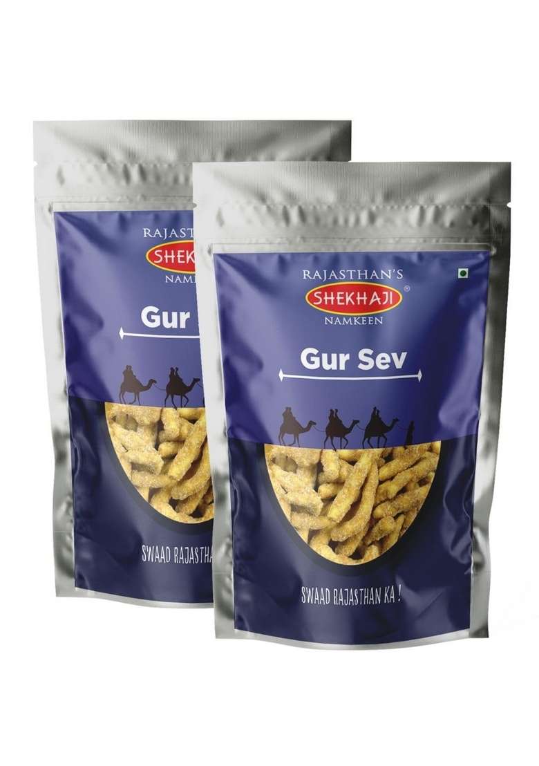 SHEKHAJI Gur Sev 400 gm (Pack of 2-200 each) | Winter Special Gud (Jaggery Sev) Protein Sticks Authentic Handmade Namkeen from Rajasthan - Indya