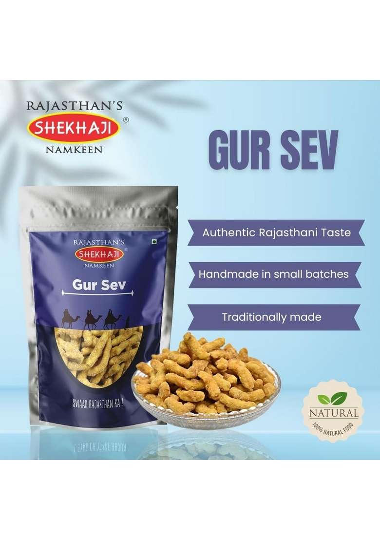 SHEKHAJI Gur Sev 400 gm (Pack of 2-200 each) | Winter Special Gud (Jaggery Sev) Protein Sticks Authentic Handmade Namkeen from Rajasthan - Indya