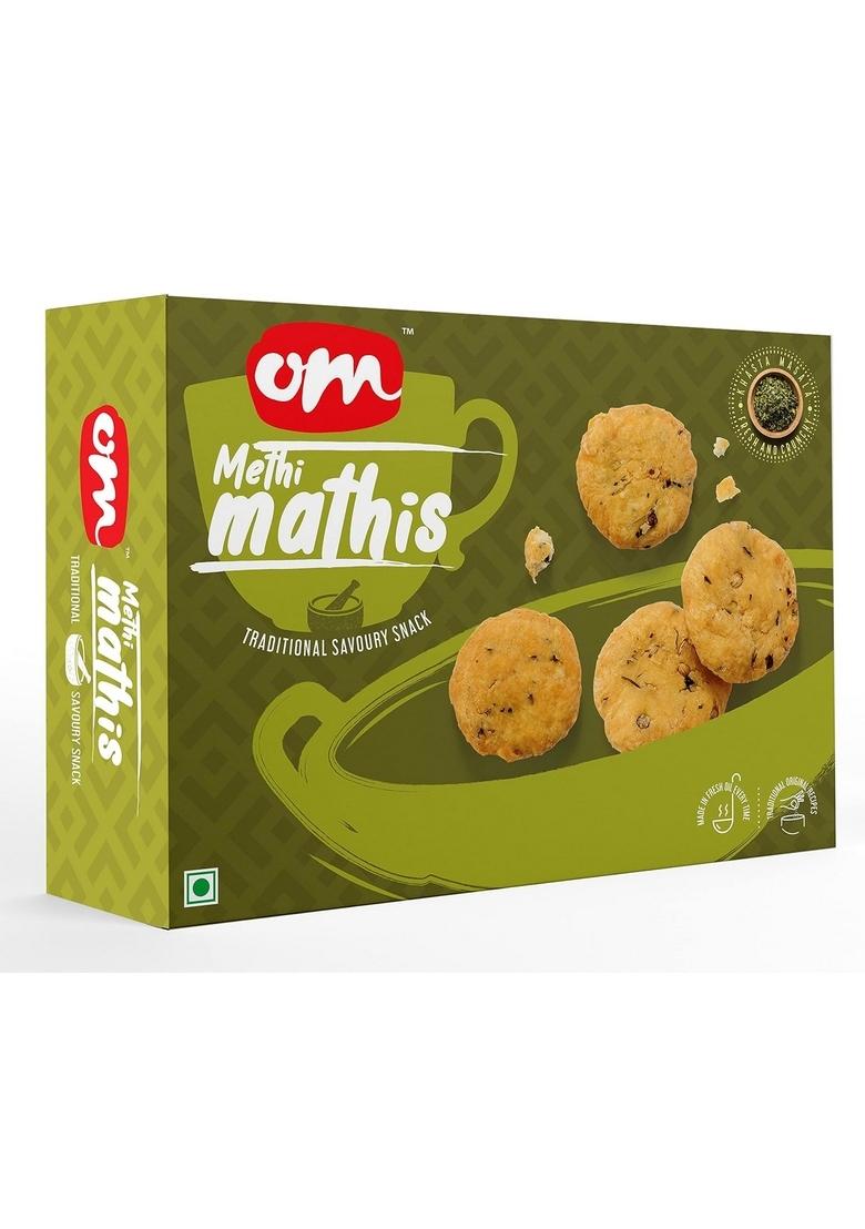 OM SWEETS & SNACKS Mathi | Methi Mathri Gujarati Namkeen Healthy Snack Indian Tea Time Crunchy Party Delightfully Ready to Eat Savouries Pack of 2 x 300g