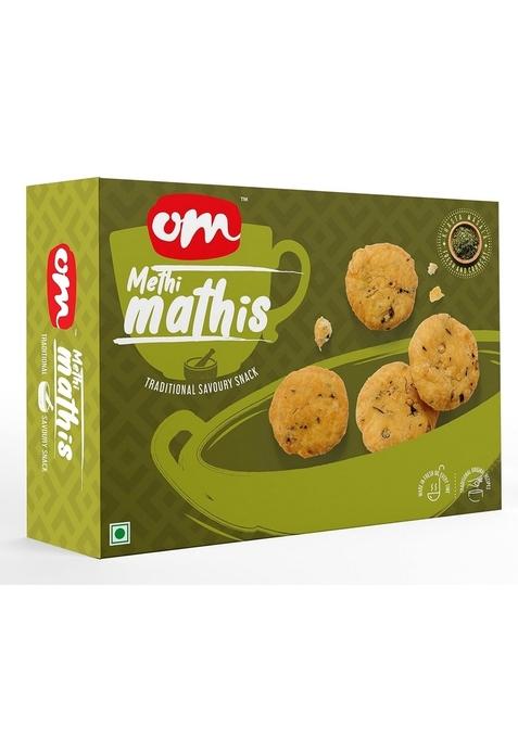 OM SWEETS & SNACKS Mathi | Methi Mathri Gujarati Namkeen Healthy Snack Indian Tea Time Crunchy Party Delightfully Ready to Eat Savouries Pack of 2 x 300g