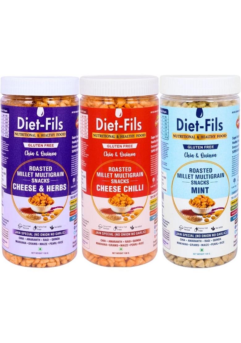 Diet-Fils Roasted Multigrain Snacks No Onion Garlic Based Mix Combo (130 gmx3 Pack)