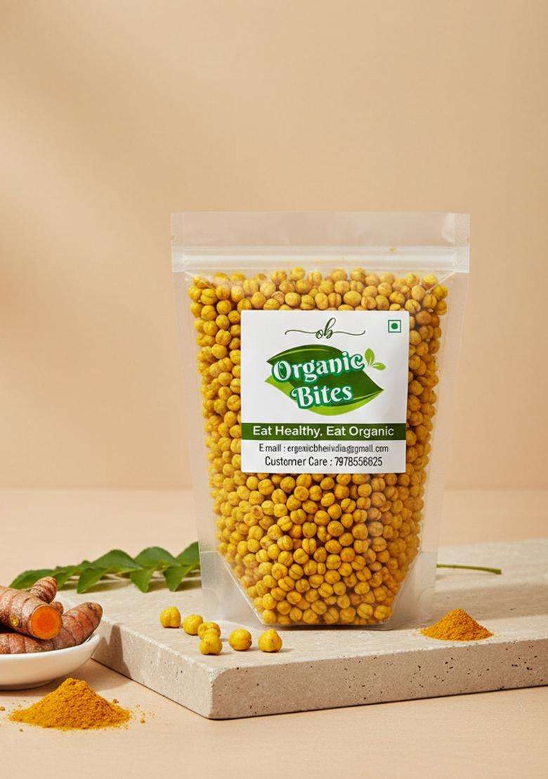 Organic Bites Roasted Masala Chana Whole With Turmeric | Bhuna Without Skin Desi Chickpeas Snacks I Bengal Gram - 400 gm - Indya