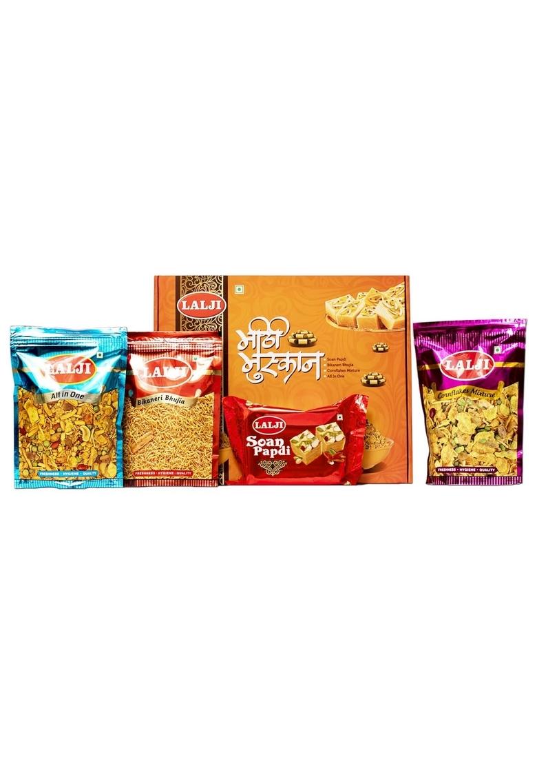 LALJI Meethi Muskan Gift Pack Soan Papdi, Bhujia, Cornflix Mix & All-in-One Mixture Festive Sweet Savory Namkeen Combo