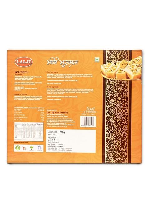 LALJI Meethi Muskan Gift Pack Soan Papdi, Bhujia, Cornflix Mix & All-in-One Mixture Festive Sweet Savory Namkeen Combo