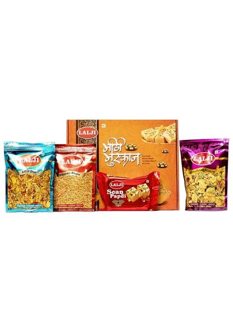 LALJI Meethi Muskan Gift Pack Soan Papdi, Bhujia, Cornflix Mix & All-in-One Mixture Festive Sweet Savory Namkeen Combo