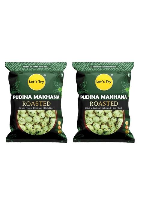 Let's Try Pudina Makhana Roasted | 60g Rich in Protein Calcium High Fiber Zero Trans Fat As Seen on Shark Tank India Traditional Indian Snack (Pack of 2)