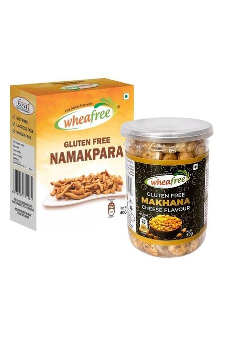 wheafree Gluten Free Namkeen Combo Pack - Makhana Cheese Flavour 50g + Namakpara 400g | Delicious, Ready to Eat Snacks Indian Tasty Crispy and Crunchy Lip Smacking Flavours