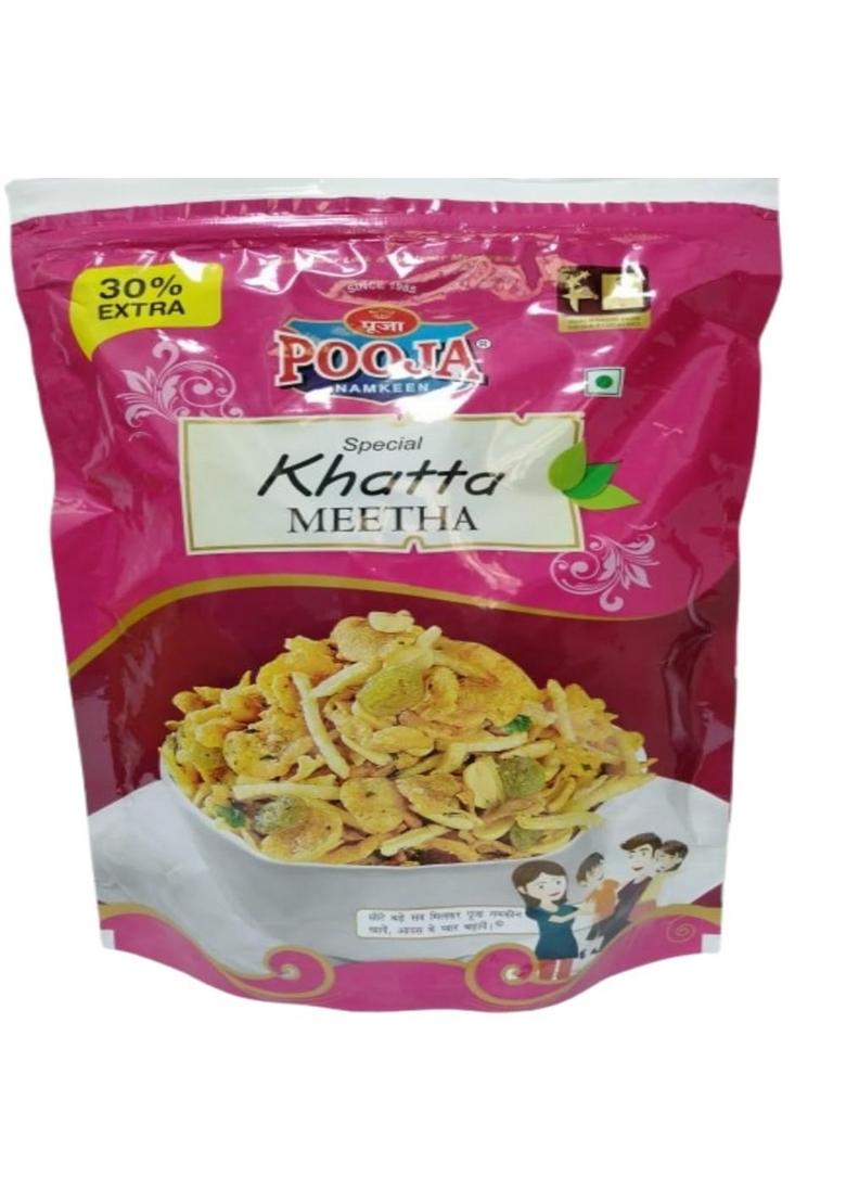 POOJA Khatta Meetha Namkeen Mixture Roasted Indian Snack | No Onion Garlic Crispy & Healthy Sweet Tangy Flavor Vegetarian Pack of 2 (360g Each)