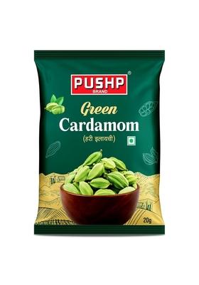 Pushp Brand Green Cardamom Whole Elaichi 20 g | 8 mm Size Pack of 1 Premium Sabut Hari Fresh & Aromatic Pods Authentic Indian Spice for Cooking, Baking,Tea, Sweets, Curries Masala Blends Rich Aroma Natural Freshness Source From Kerala