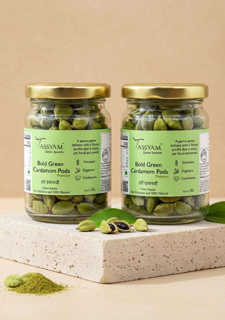 TASSYAM Organics Premium Green 9mm+ Cardamoms 100 Grams (2X 50 Grams) | Extra Bold Hari Elaichi - Indya