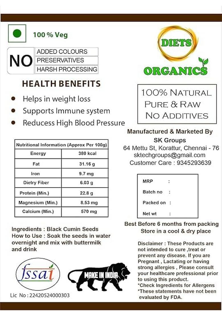 DIETS ORGANICS Black Cumin seeds -100 g, karunjeeragam, kala jeera, kalonji seeds- 100 grams