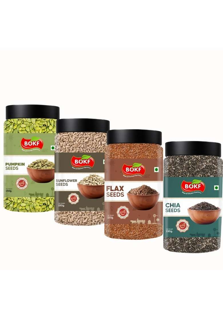 BOKF Combo Pack Sunflower, Chia, Pumpkin & Flax Seeds 150g Each | 4-in-1 Superfood Mix High in Omega-3, Protein Fiber Healthy for Weight Loss Digestion. Best Of Hiar Skin. - Indya
