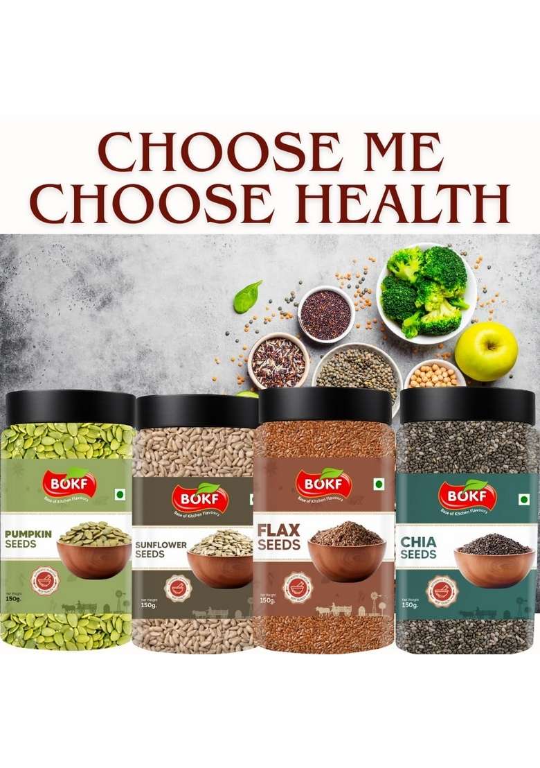BOKF Combo Pack Sunflower, Chia, Pumpkin & Flax Seeds 150g Each | 4-in-1 Superfood Mix High in Omega-3, Protein Fiber Healthy for Weight Loss Digestion. Best Of Hiar Skin. - Indya