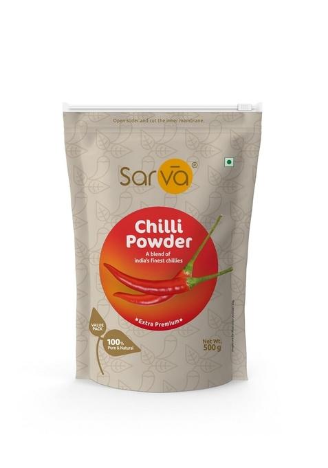 Sarva Premium Chilli Powder | Natural & Pure Red Chili Freshly Ground,No Artificial Colors or Preservatives Spicy Aromatic Blend Airtight Zipper Pouch for Long-Lasting Freshness (500g)