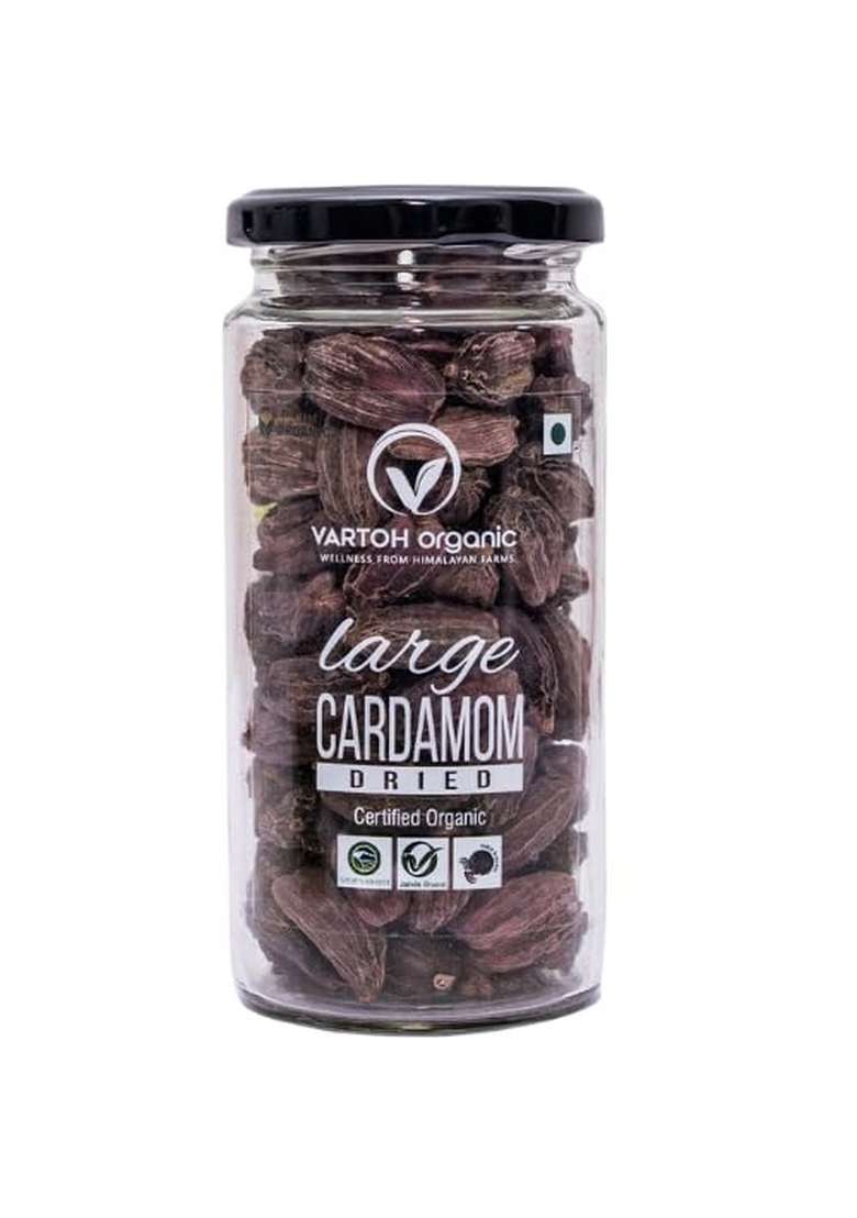 VARTOH ORGANIC Certified Black Cardamom Pods Gourmet Whole Badi Elaichi from Sikkim (130 g) Rich Smoky Aroma, Lab-Tested, No Preservatives - Indya