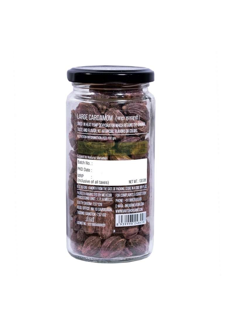 VARTOH ORGANIC Certified Black Cardamom Pods Gourmet Whole Badi Elaichi from Sikkim (130 g) Rich Smoky Aroma, Lab-Tested, No Preservatives - Indya