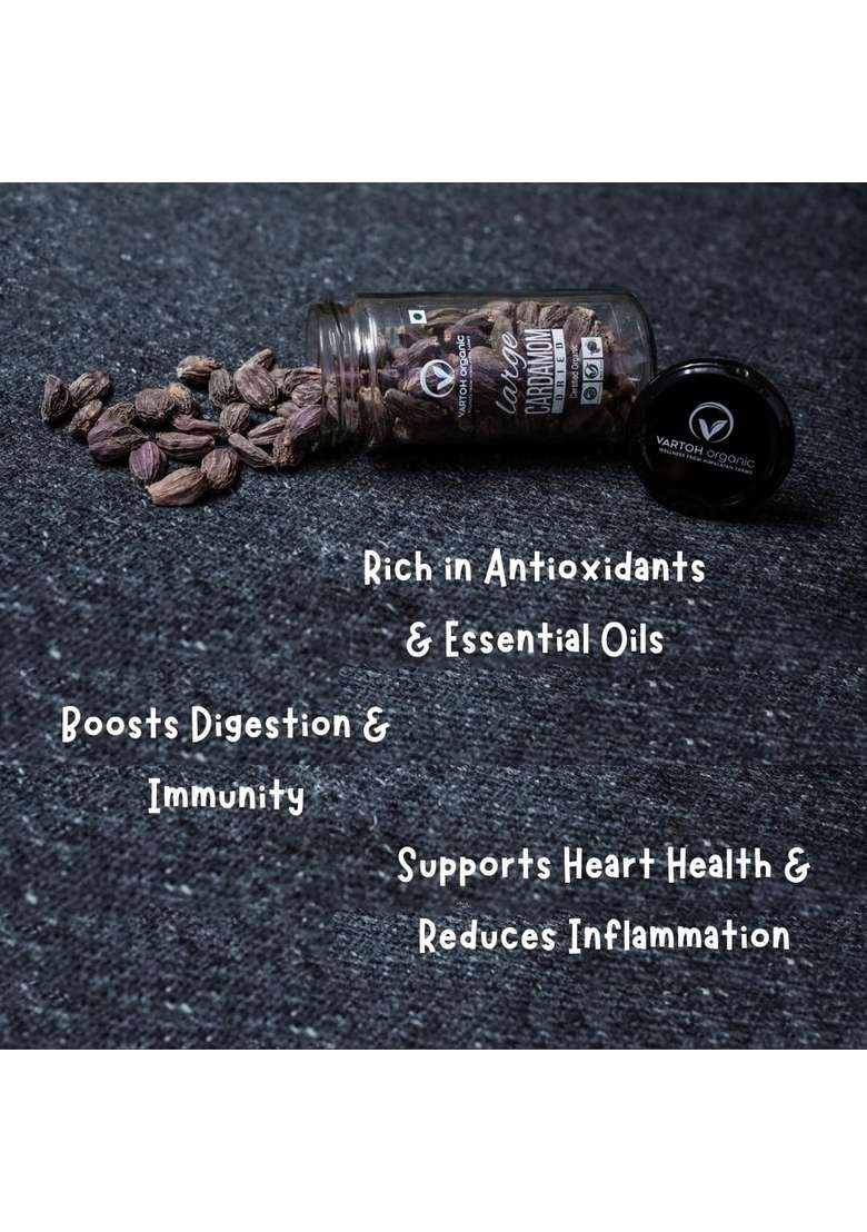 VARTOH ORGANIC Certified Black Cardamom Pods Gourmet Whole Badi Elaichi from Sikkim (130 g) Rich Smoky Aroma, Lab-Tested, No Preservatives - Indya