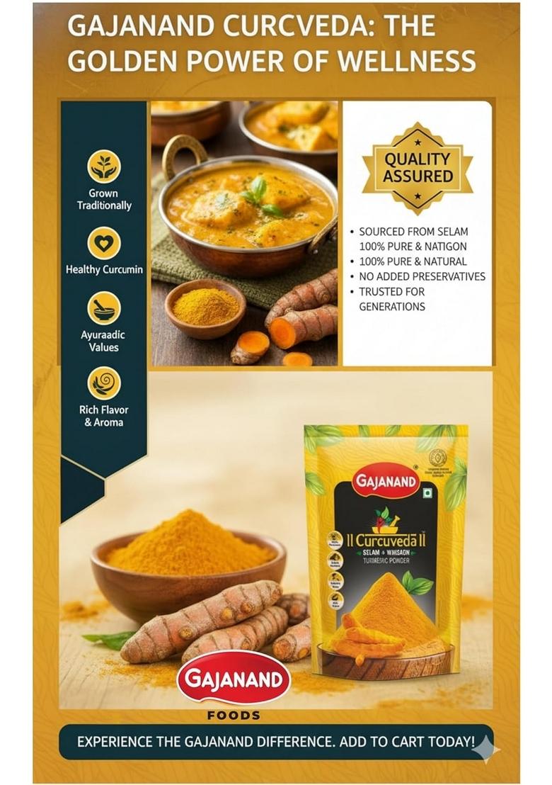GAJANAND Curcuveda Turmeric Powder, 500gm / Powder Rich in Curcumin for Healthy Cooking, Versatile Spice a Wide Range of Dishes