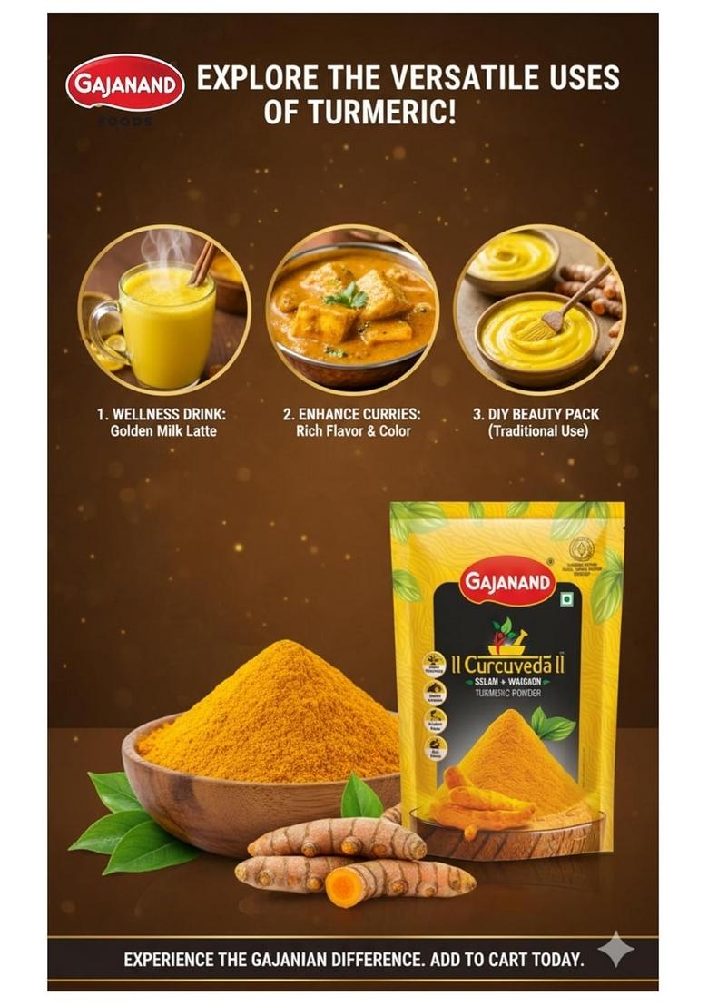 GAJANAND Curcuveda Turmeric Powder, 500gm / Powder Rich in Curcumin for Healthy Cooking, Versatile Spice a Wide Range of Dishes