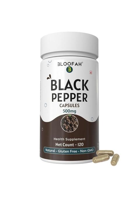 Bloofah Black Pepper Capsules | Kali Mirch Seed Powder (Piper nigrum) 100% Pure, Non-GMO, Gluten Free Formula Herbal Supplement Extra Strength 500mg Per Serving - 120 Count