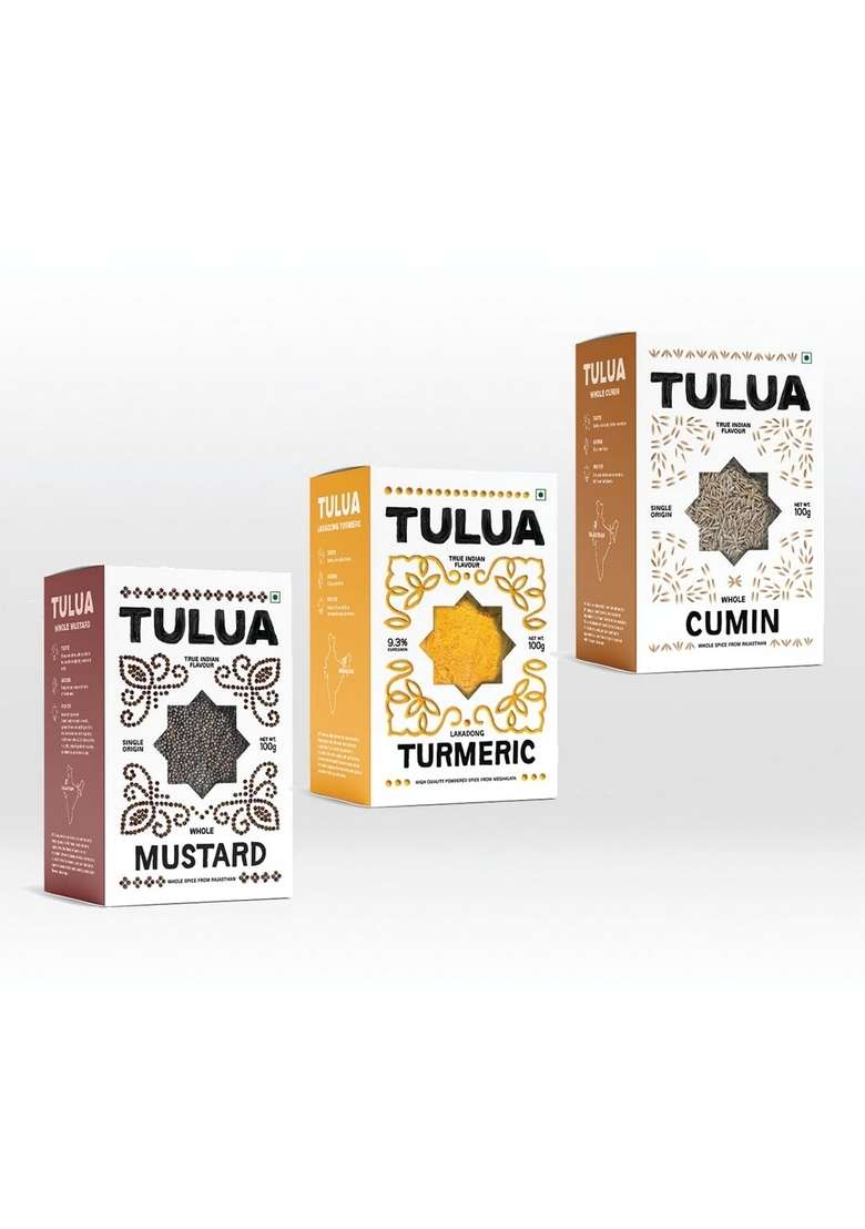Tulua Daily Essential Spices Combo Pack of 3 | Lakadong Turmeric Powder, Cumin Seeds, Mustard Seeds (1x100gm Each) Natural & Organic Home Cooking Spice Mix - Indya